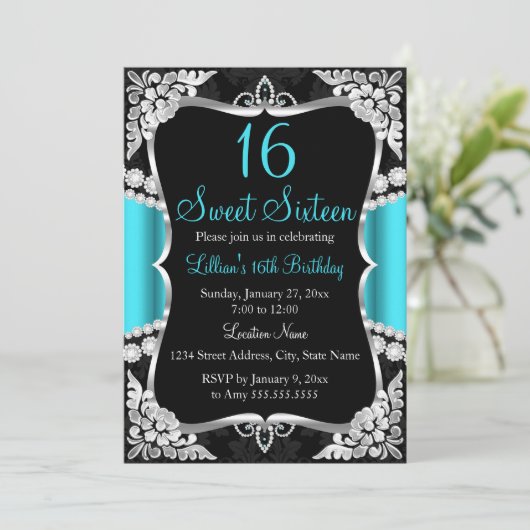 Blauwgroen Blue Silver Black Tiara Sweet 16 Uitnod Kaart (Staand voorkant)