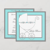 Blauwgroen Blue Silver Carriage Baby Shower Uitnod Kaart (Voorkant / Achterkant)