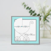 Blauwgroen Blue Silver Carriage Baby Shower Uitnod Kaart (Staand voorkant)
