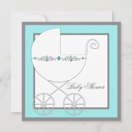 Blauwgroen Blue Silver Carriage Baby Shower Uitnod Kaart (Voorkant)