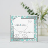 Blauwgroen Blue Silver Carriage Baby Shower Uitnod Kaart (Staand voorkant)