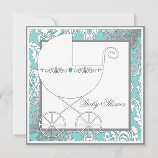Blauwgroen Blue Silver Carriage Baby Shower Uitnod Kaart (Voorkant)