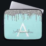 Blauwgroen Blue Silver Glitter Sparkle Monogram Laptop Sleeve<br><div class="desc">Blauwgroen blauw - Aqua en Silver Faux Dripping Modern en Elegant Girly Glitter en Sparkle Elegant Monogram Hoesje. Dit hoesje kan worden aangepast om uw initiaal en voornaam op te nemen.</div>