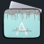Blauwgroen Blue Silver Glitter Sparkle Monogram Laptop Sleeve<br><div class="desc">Blauwgroen blauw - Aqua en Silver Faux Dripping Modern en Elegant Girly Glitter en Sparkle Elegant Monogram Hoesje. Dit hoesje kan worden aangepast om uw initiaal en voornaam op te nemen.</div>
