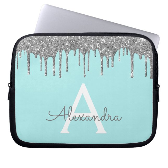 Blauwgroen Blue Silver Glitter Sparkle Monogram Laptop Sleeve (Voorkant)