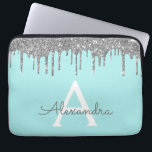 Blauwgroen Blue Silver Glitter Sparkle Monogram Laptop Sleeve<br><div class="desc">Blauwgroen blauw - Aqua en Silver Faux Dripping Modern en Elegant Girly Glitter en Sparkle Elegant Monogram Hoesje. Dit hoesje kan worden aangepast om uw initiaal en voornaam op te nemen.</div>