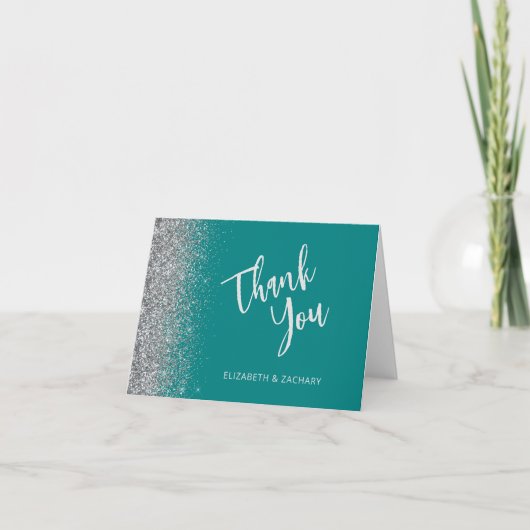 Blauwgroen Blue Silver Glitter Wedding Dank u Kaart (Voorkant)
