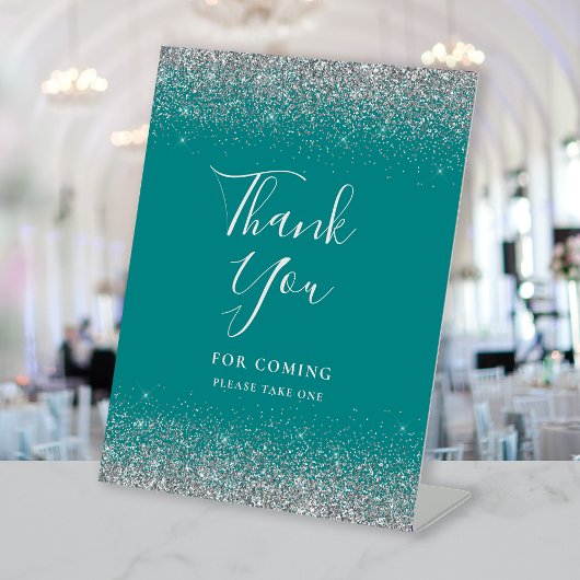 Blauwgroen Blue Silver Glitter Wedding Dank u Reclamebord Met Voetstuk