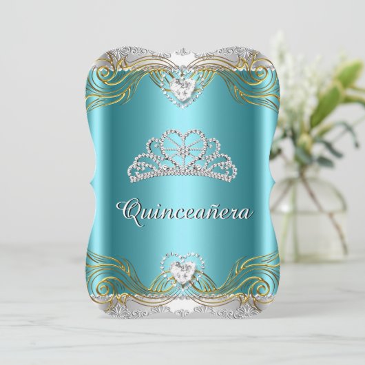 Blauwgroen Blue Silver Gold Quinceanera Birthday P Kaart (Staand voorkant)