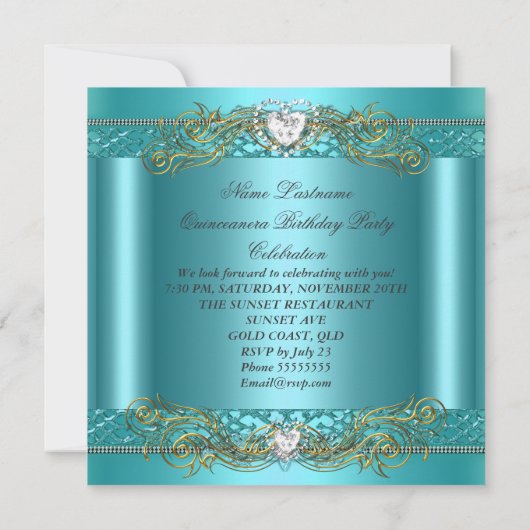 Blauwgroen Blue Silver Gold Quinceanera Birthday P Kaart (Achterkant)