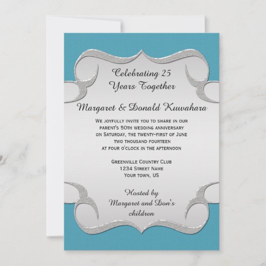 Blauwgroen Blue  Silver Lijst 25th Jubileum Kaart (Voorkant)