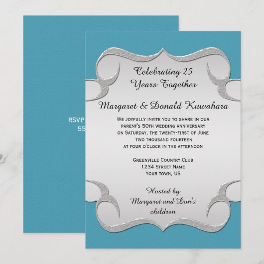 Blauwgroen Blue  Silver Lijst 25th Jubileum Kaart (Voorkant / Achterkant)