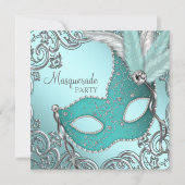 Blauwgroen Blue Silver Mask Masquerade Party Kaart (Voorkant)