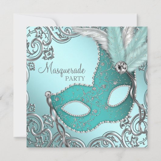 Blauwgroen Blue Silver Mask Masquerade Party Kaart (Voorkant)