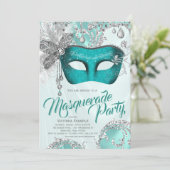 Blauwgroen Blue Silver Mask Masquerade Party Kaart (Staand voorkant)