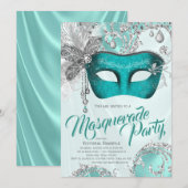 Blauwgroen Blue Silver Mask Masquerade Party Kaart (Voorkant / Achterkant)