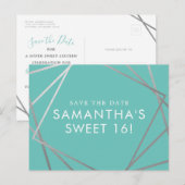 Blauwgroen Blue Silver Modern Sweet 16 Save the Da Aankondigingskaart (Voorkant / Achterkant)