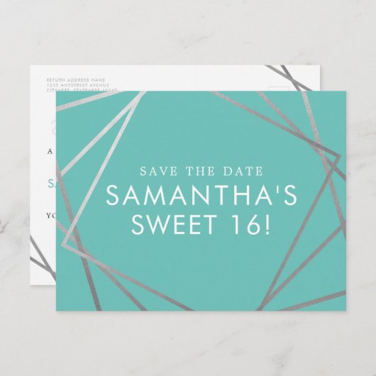 Blauwgroen Blue Silver Modern Sweet 16 Save the Da Aankondigingskaart (Voorkant / Achterkant)