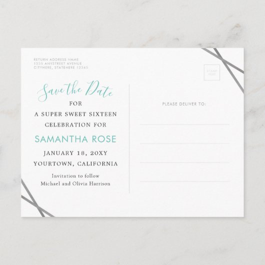 Blauwgroen Blue Silver Modern Sweet 16 Save the Da Aankondigingskaart (Achterkant)