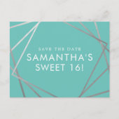 Blauwgroen Blue Silver Modern Sweet 16 Save the Da Aankondigingskaart (Voorkant)