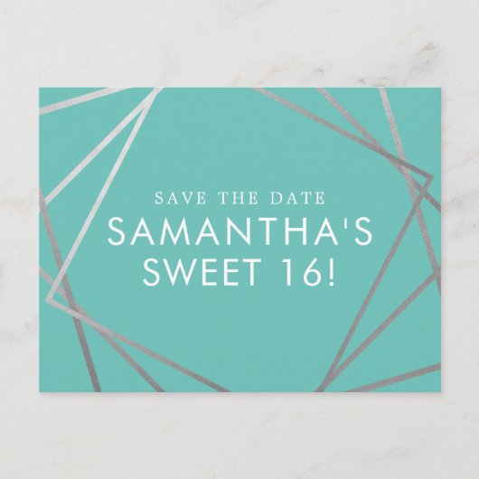 Blauwgroen Blue Silver Modern Sweet 16 Save the Da Aankondigingskaart (Voorkant)