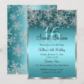 Blauwgroen Blue Silver Snowflake Sweet 16 Uitnodig Kaart (Voorkant / Achterkant)