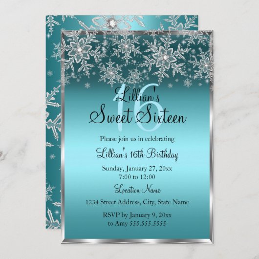 Blauwgroen Blue Silver Snowflake Sweet 16 Uitnodig Kaart (Voorkant / Achterkant)