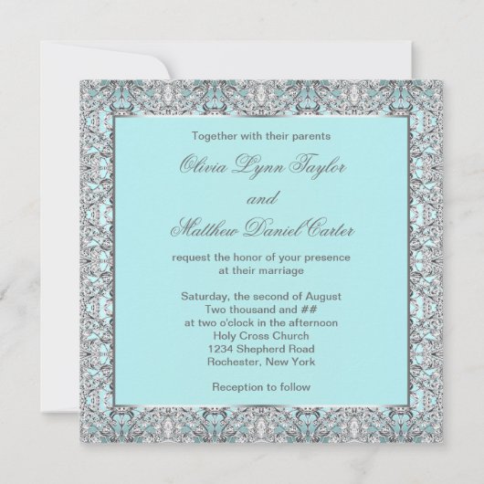 Blauwgroen Blue Silver Wedding Invitation Sjablone Kaart (Achterkant)