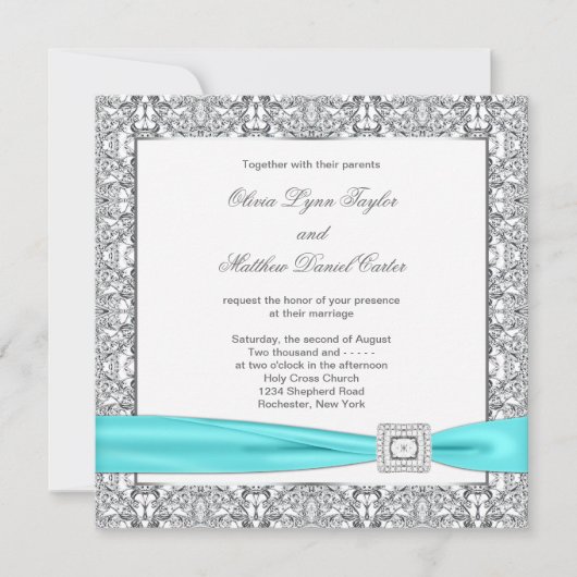 Blauwgroen Blue Silver Wedding Invitation Sjablone Kaart (Voorkant)