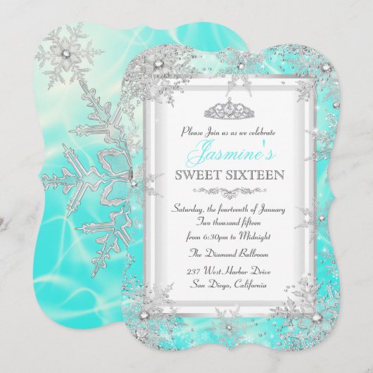 Blauwgroen Blue Silver Winter Wonderland Sweet 16  Kaart (Voorkant / Achterkant)