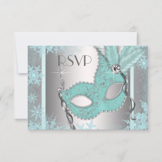 Blauwgroen Blue Snowflake Masquerade Party RSVP (Voorkant)