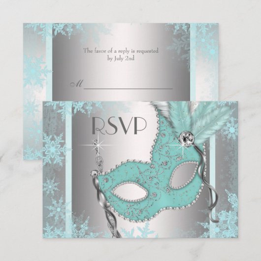 Blauwgroen Blue Snowflake Masquerade Party RSVP (Voorkant / Achterkant)