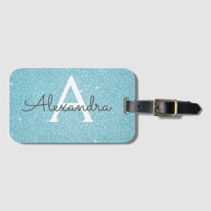 Blauwgroen Blue Sparkle Glitter Monogram Naam Bagagelabel