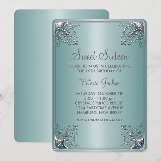 Blauwgroen Blue Sweet Sixteen verjaardagsfeestje Kaart (Voorkant / Achterkant)
