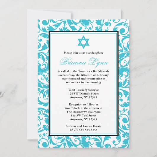 Blauwgroen Blue Swirl Damask Bat Mitzvah uitnodigi Kaart (Voorkant)