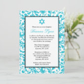 Blauwgroen Blue Swirl Damask Bat Mitzvah uitnodigi Kaart (Staand voorkant)