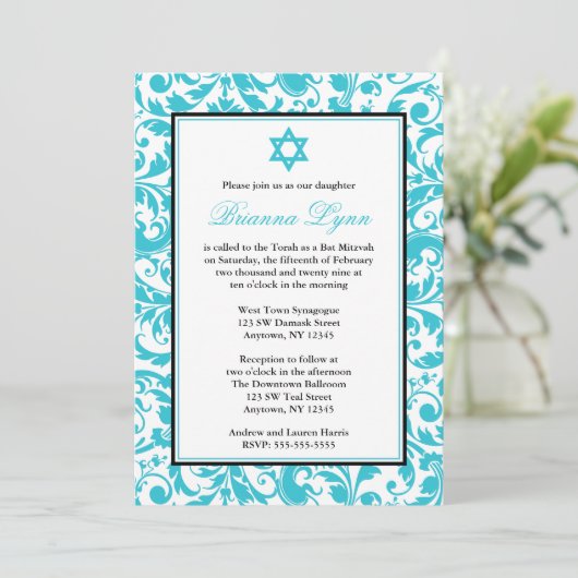 Blauwgroen Blue Swirl Damask Bat Mitzvah uitnodigi Kaart (Staand voorkant)