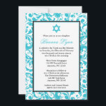 Blauwgroen Blue Swirl Damask Bat Mitzvah uitnodigi Kaart<br><div class="desc">Nodig uw gasten aan uw Bat Mitzvah in stijl met deze elegante blauwgroen blauwe draai damask uitnodiging uit. Stijlvol en formeel. Eenvoudig aan te passen voor uw evenement! Vlaanderen door © Mujka Design</div>