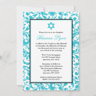 Blauwgroen Blue Swirl Damask Bat Mitzvah uitnodigi Kaart