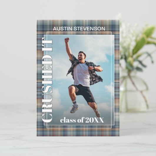 Blauwgroen Blue Tartan Pset Afstuderen Aankondiging (Staand voorkant)