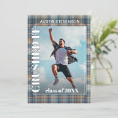 Blauwgroen Blue Tartan Pset Afstuderen Aankondiging (Staand voorkant)