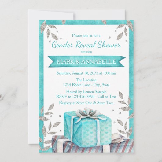 Blauwgroen Blue Teddy Bear Genderonthulling Uitnod Kaart (Achterkant)