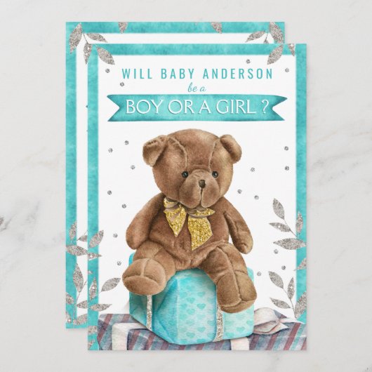 Blauwgroen Blue Teddy Bear Genderonthulling Uitnod Kaart (Voorkant / Achterkant)