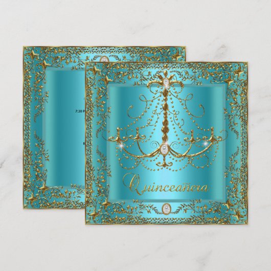 Blauwgroen Blue Tiara Gold Quinceanera 15e verjaar Kaart (Voorkant / Achterkant)