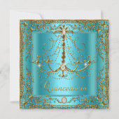 Blauwgroen Blue Tiara Gold Quinceanera 15e verjaar Kaart (Voorkant)