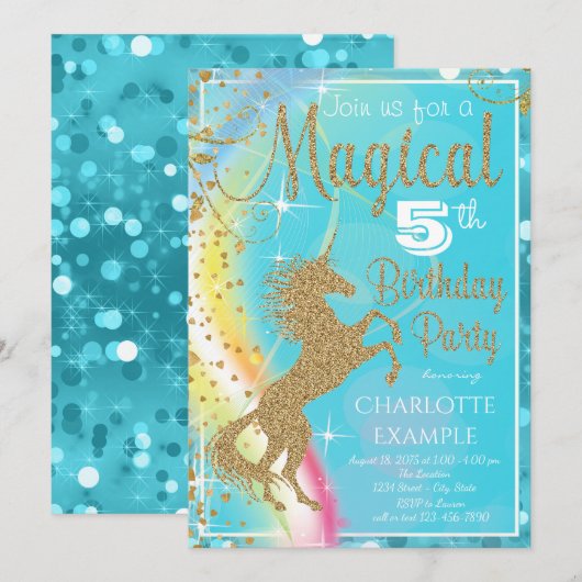 Blauwgroen Blue Unicorn verjaardagsfeestuitnodigin Kaart (Voorkant / Achterkant)