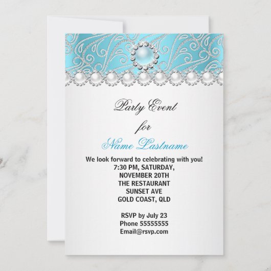 Blauwgroen Blue White Pearl Diamonds Birthday Part Kaart (Achterkant)