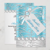 Blauwgroen Blue White Pearl Diamonds Birthday Part Kaart (Voorkant / Achterkant)