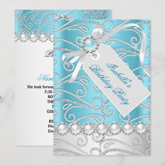 Blauwgroen Blue White Pearl Diamonds Birthday Part Kaart (Voorkant / Achterkant)