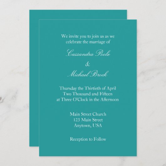 Blauwgroen Blue White Plain Simple Wedding Invitat Kaart (Voorkant / Achterkant)